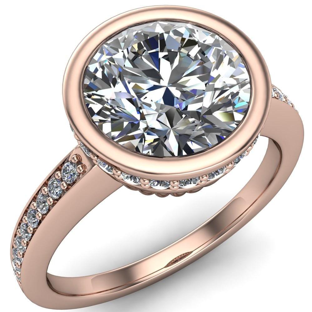 Anna Round Moissanite Bezel Set Diamond Halo Etched Basket Ring-Custom-Made Jewelry-Fire & Brilliance ®