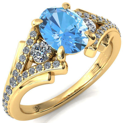 Arietis Oval Aqua Blue Spinel 4 Prong 3/4 Bead Split Shank Diamond Accent Ring-FIRE & BRILLIANCE