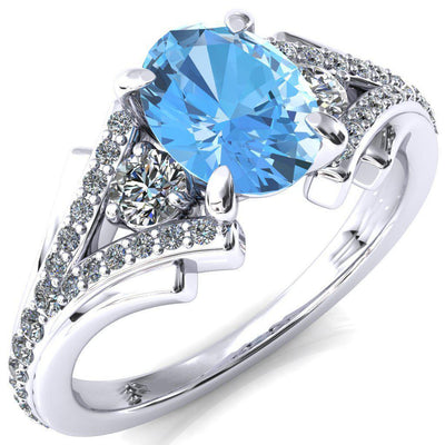 Arietis Oval Aqua Blue Spinel 4 Prong 3/4 Bead Split Shank Diamond Accent Ring-FIRE & BRILLIANCE