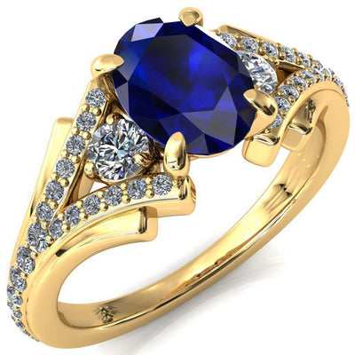 Arietis Oval Blue Sapphire 4 Prong 3/4 Bead Split Shank Diamond Accent Ring-FIRE & BRILLIANCE