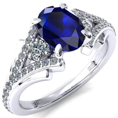 Arietis Oval Blue Sapphire 4 Prong 3/4 Bead Split Shank Diamond Accent Ring-FIRE & BRILLIANCE