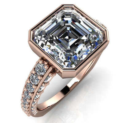 Ashley Asscher Moissanite Bezel-Set Diamond Euro-Shank Ring-Custom-Made Jewelry-Fire & Brilliance ®
