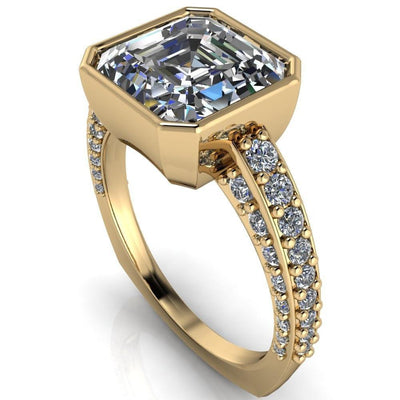 Ashley Asscher Moissanite Bezel-Set Diamond Euro-Shank Ring-Custom-Made Jewelry-Fire & Brilliance ®