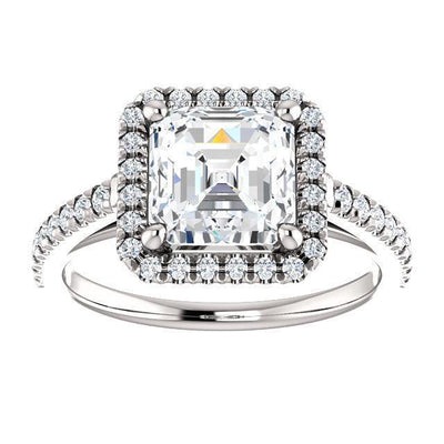 Asscher Moissanite Diamond Accent Ice Halo Cathedral Ring-Custom-Made Jewelry-Fire & Brilliance ®