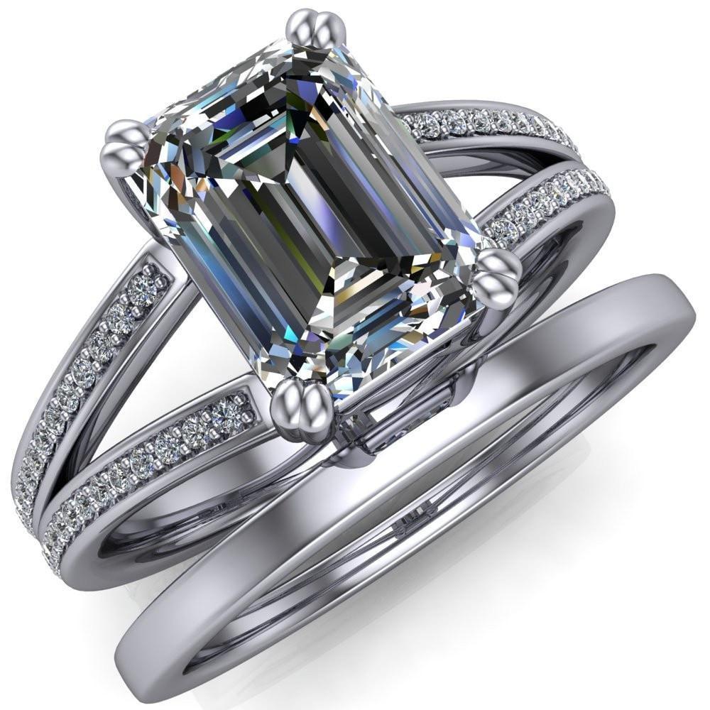 Atlas Emerald Moissanite 4 Prong Split Shank Diamond Channel Engagement Ring-Custom-Made Jewelry-Fire & Brilliance ®