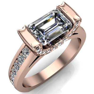 Aubrey Emerald Moissanite Half Bezel Diamond Channel Cathedral Ring-Custom-Made Jewelry-Fire & Brilliance ®