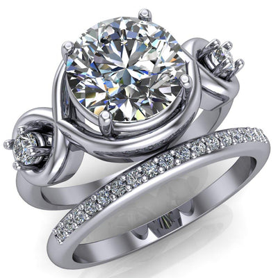 Aurora Round Moissanite 3 Stone Halo Ring-Custom-Made Jewelry-Fire & Brilliance ®
