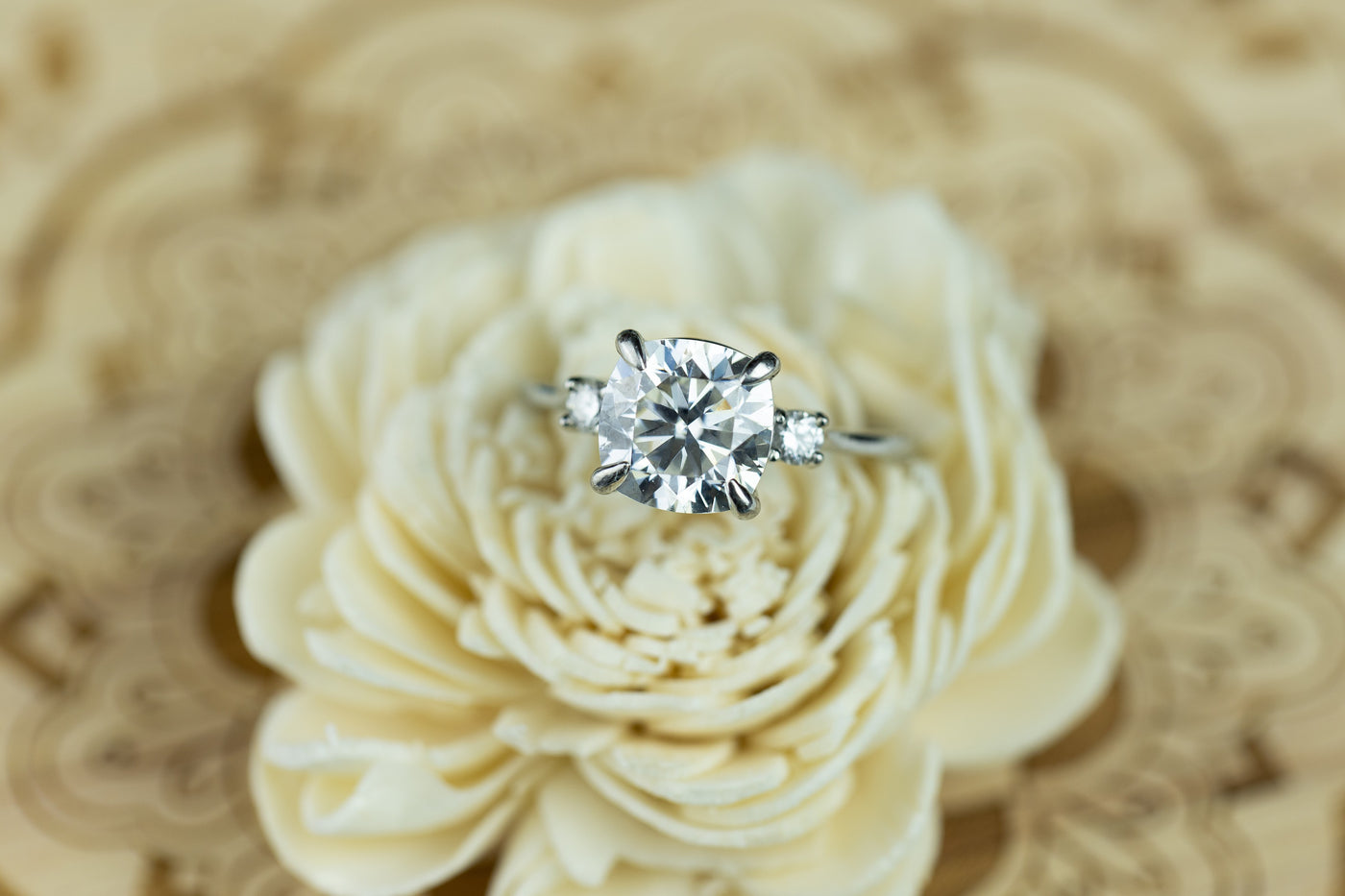 Poppy Cushion Moissanite 4 Claw Prong 2 Rail Basket Round Sidestones Inverted Cathedral Engagement Ring