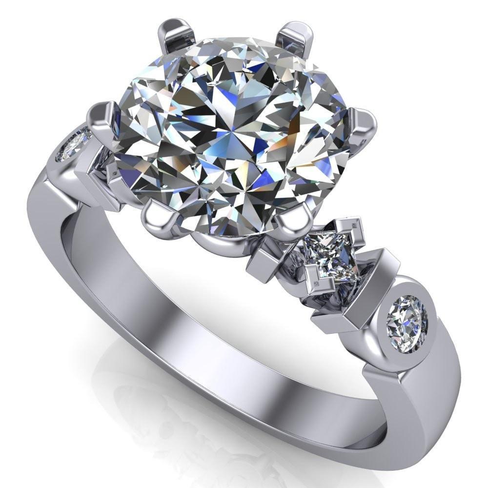 Bailey Round Moissanite 6 Prong Center Full Bezel and Princess Diamond Side Ring-Custom-Made Jewelry-Fire & Brilliance ®