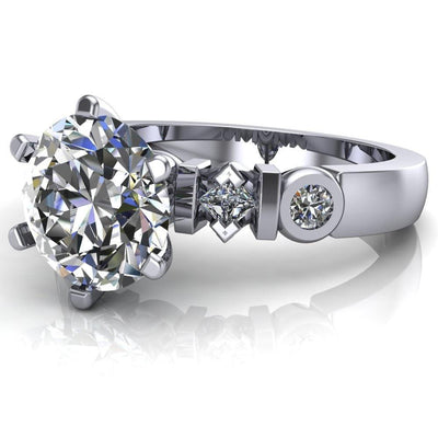 Bailey Round Moissanite 6 Prong Center Full Bezel and Princess Diamond Side Ring-Custom-Made Jewelry-Fire & Brilliance ®