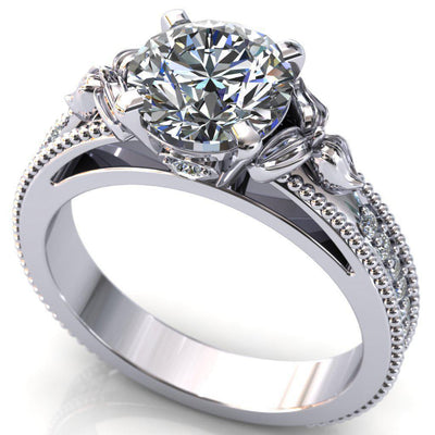Bernice Round Moissanite Thick Shank Milgrain and Diamond Channel Cathedral Ring-Custom-Made Jewelry-Fire & Brilliance ®