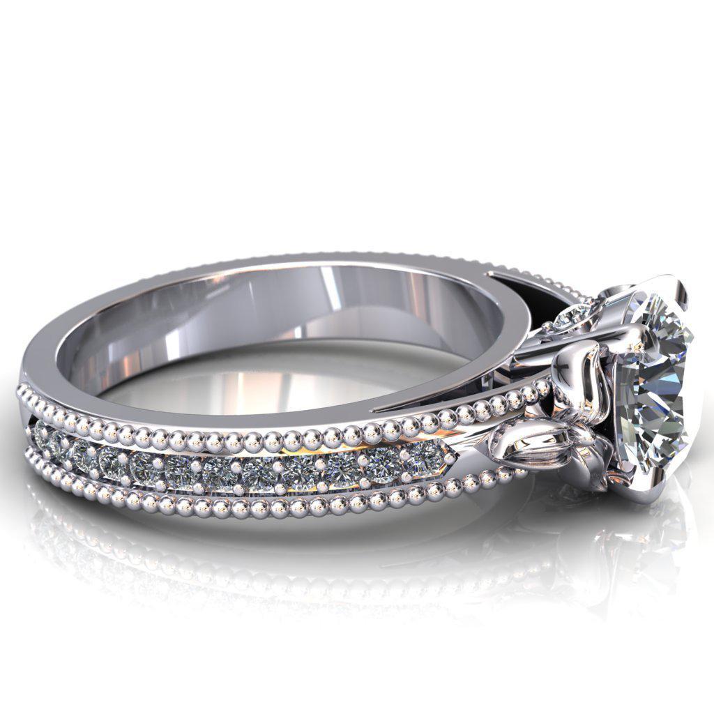 Bernice Round Moissanite Thick Shank Milgrain and Diamond Channel Cathedral Ring-Custom-Made Jewelry-Fire & Brilliance ®