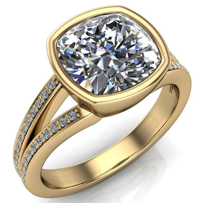 Bethany Cushion Moissanite Full Bezel Split Shank Diamond Channel Ring-Custom-Made Jewelry-Fire & Brilliance ®