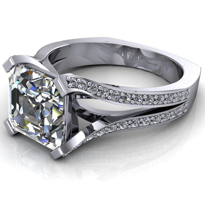 Bonjour Asscher Moissanite 4 Prong Split Shank Diamond Accented Ring-Custom-Made Jewelry-Fire & Brilliance ®