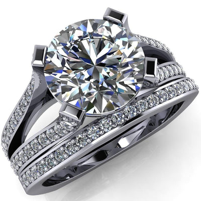 Bonjour Round Moissanite 4 Prong Split Shank Double Diamond Channel Engagement Ring-Custom-Made Jewelry-Fire & Brilliance ®