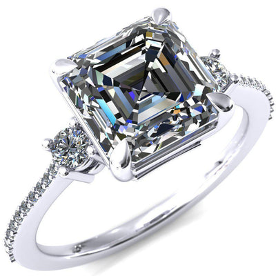 Bonnie Asscher Moissanite 4 Claw Prong 2 Rail Basket Round Sidestones Inverted Cathedral Diamond Accent Engagement Ring-FIRE & BRILLIANCE