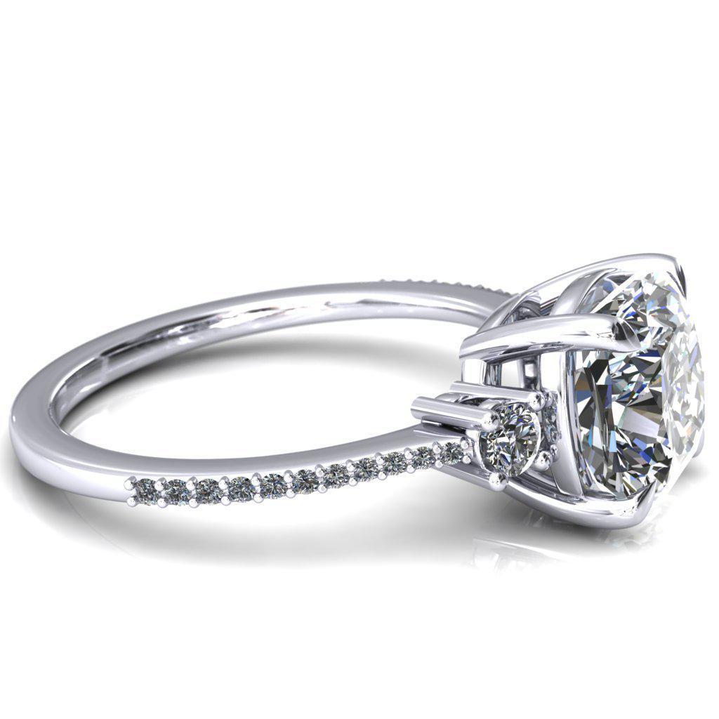 Bonnie Cushion Moissanite 4 Claw Prong 2 Rail Basket Round Sidestones Inverted Cathedral Diamond Accent Engagement Ring-FIRE & BRILLIANCE