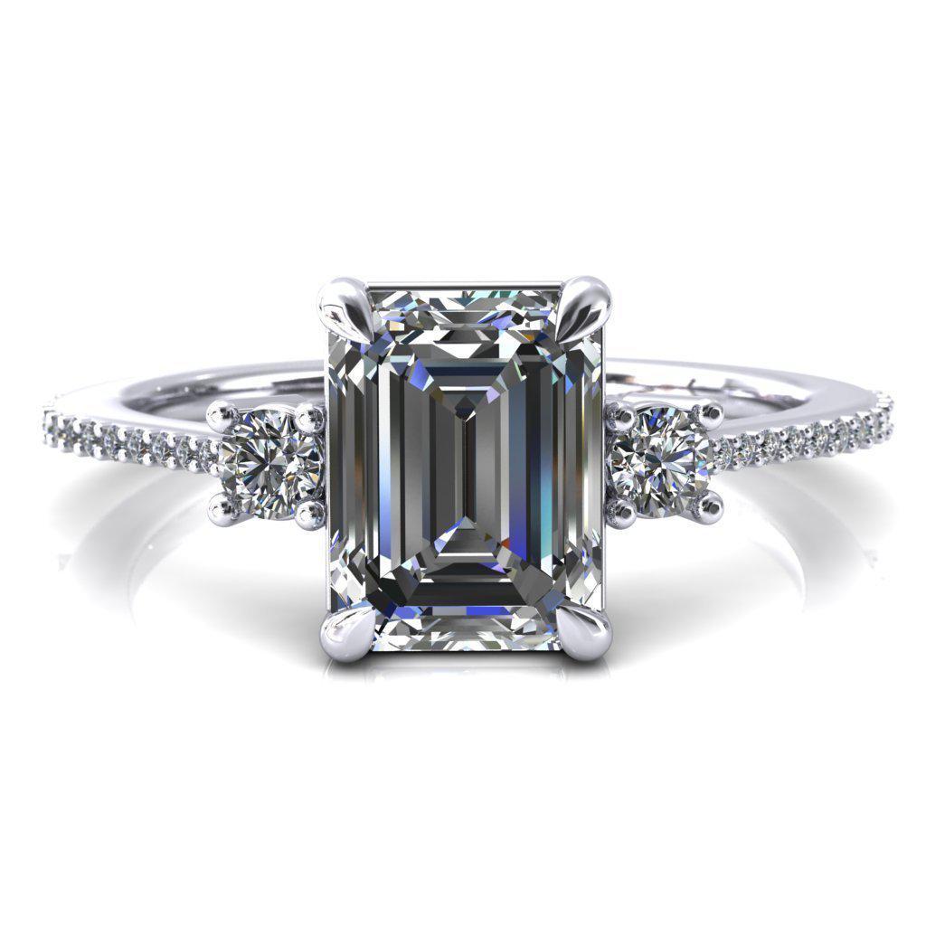 Bonnie Emerald Moissanite 4 Claw Prong 2 Rail Basket Round Sidestones Inverted Cathedral Diamond Accent Engagement Ring-FIRE & BRILLIANCE
