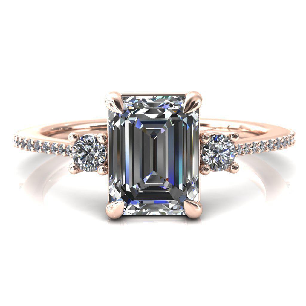 Bonnie Emerald Moissanite 4 Claw Prong 2 Rail Basket Round Sidestones Inverted Cathedral Diamond Accent Engagement Ring-FIRE & BRILLIANCE
