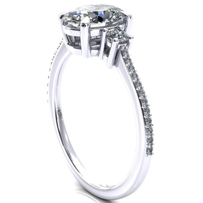 Bonnie Oval Moissanite 4 Claw Prong 2 Rail Basket Round Sidestones Inverted Cathedral Diamond Accent Engagement Ring-FIRE & BRILLIANCE