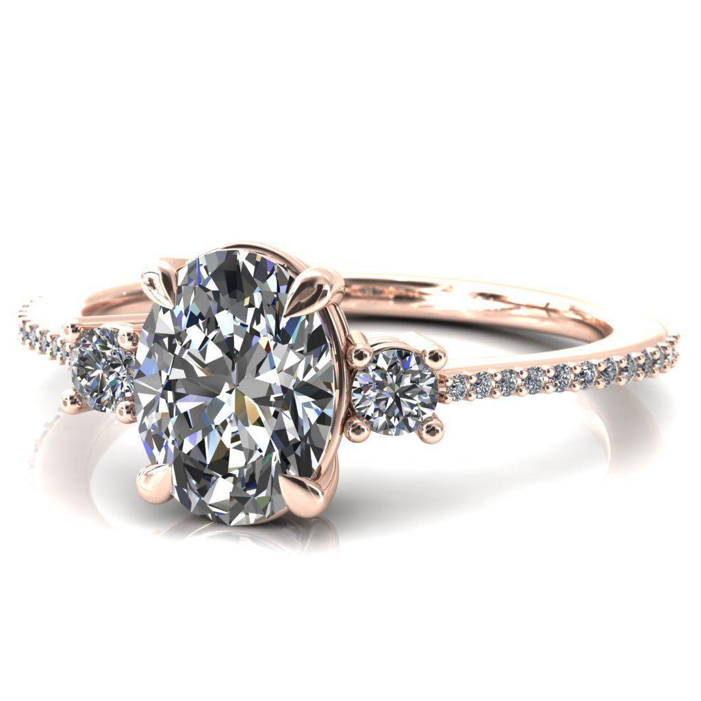 Bonnie Oval Moissanite 4 Claw Prong 2 Rail Basket Round Sidestones Inverted Cathedral Diamond Accent Engagement Ring-FIRE & BRILLIANCE