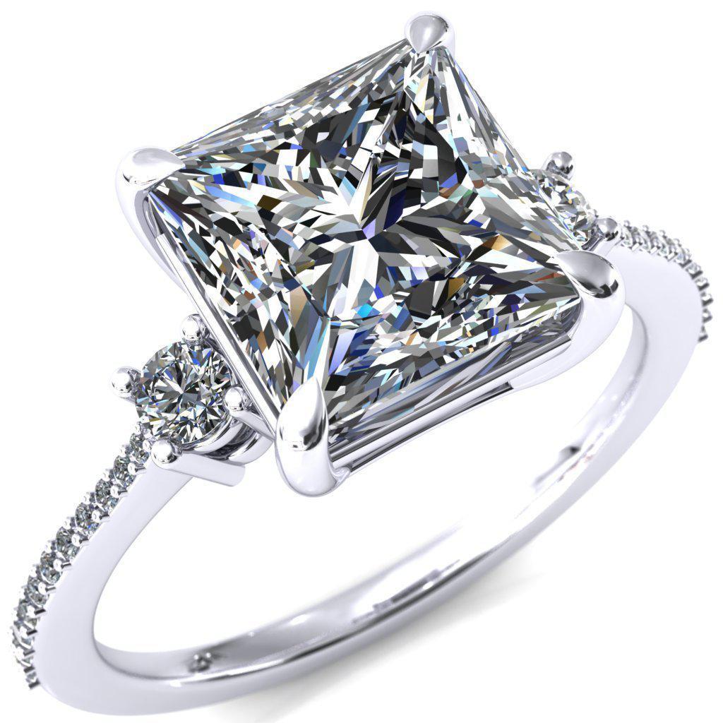 Bonnie Princess/Square Moissanite 4 Claw Prong 2 Rail Basket Round Sidestones Inverted Cathedral Diamond Accent Engagement Ring-FIRE & BRILLIANCE