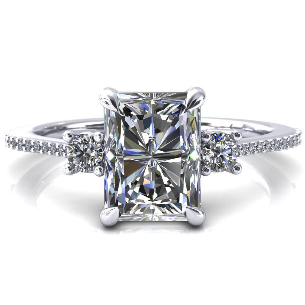 Bonnie Radiant Moissanite 4 Claw Prong 2 Rail Basket Round Sidestones Inverted Cathedral Diamond Accent Engagement Ring-FIRE & BRILLIANCE