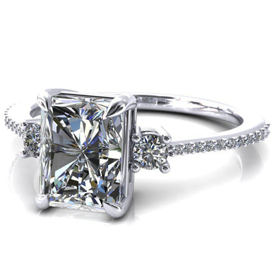 Bonnie Radiant Moissanite 4 Claw Prong 2 Rail Basket Round Sidestones Inverted Cathedral Diamond Accent Engagement Ring-FIRE & BRILLIANCE