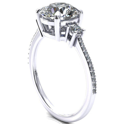 Bonnie Round Moissanite 4 Claw Prong 2 Rail Basket Round Sidestones Inverted Cathedral Diamond Accent Engagement Ring-FIRE & BRILLIANCE