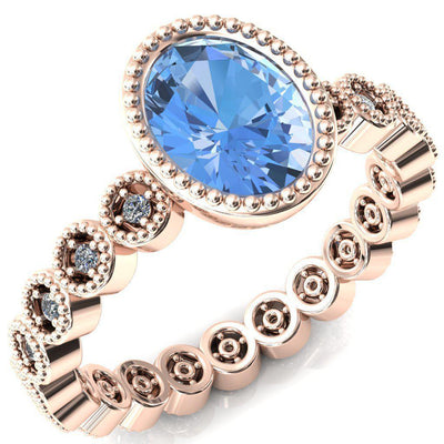 Borea Oval Aqua Blue Spinel Milgrain Bezel Full Eternity Diamond Accent Ring-FIRE & BRILLIANCE