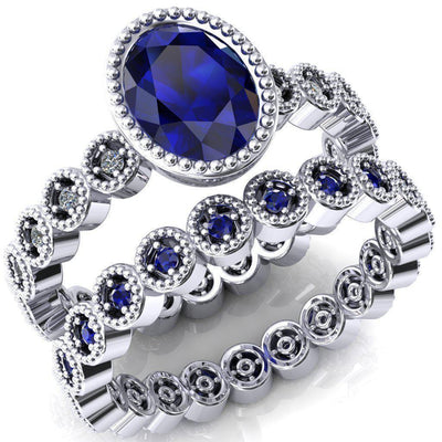 Borea Oval Blue Sapphire Full Bezel Milgrain Diamond Accent Full Eternity Ring-Custom-Made Jewelry-Fire & Brilliance ®