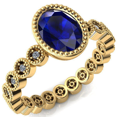 Borea Oval Blue Sapphire Milgrain Bezel Full Eternity Diamond Accent Ring-FIRE & BRILLIANCE