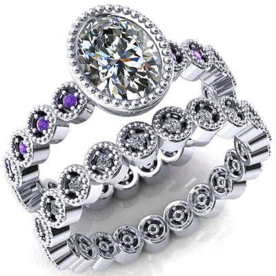 Borea Oval Moissanite Full Bezel Milgrain Amethyst Accent Full Eternity Ring-Custom-Made Jewelry-Fire & Brilliance ®