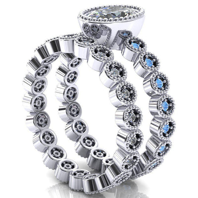 Borea Oval Moissanite Full Bezel Milgrain Aqua Blue Spinel Accent Full Eternity Ring-Custom-Made Jewelry-Fire & Brilliance ®