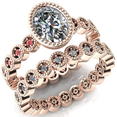 Borea Oval Moissanite Full Bezel Milgrain Padparadscha Sapphire Accent Full Eternity Ring-Custom-Made Jewelry-Fire & Brilliance ®