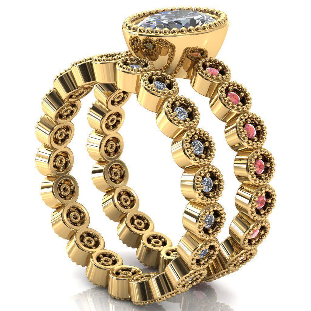 Borea Oval Moissanite Full Bezel Milgrain Padparadscha Sapphire Accent Full Eternity Ring-Custom-Made Jewelry-Fire & Brilliance ®