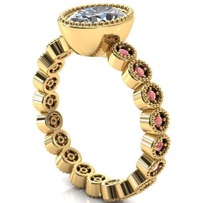 Borea Oval Moissanite Full Bezel Milgrain Pink Sapphire Accent Full Eternity Ring-Custom-Made Jewelry-Fire & Brilliance ®