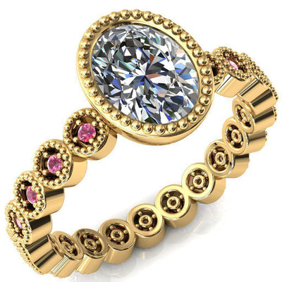 Borea Oval Moissanite Full Bezel Milgrain Pink Sapphire Accent Full Eternity Ring-Custom-Made Jewelry-Fire & Brilliance ®