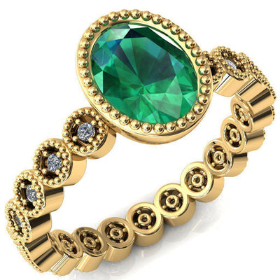 Borea Oval Emerald Milgrain Bezel Full Eternity Diamond Accent Ring-FIRE & BRILLIANCE