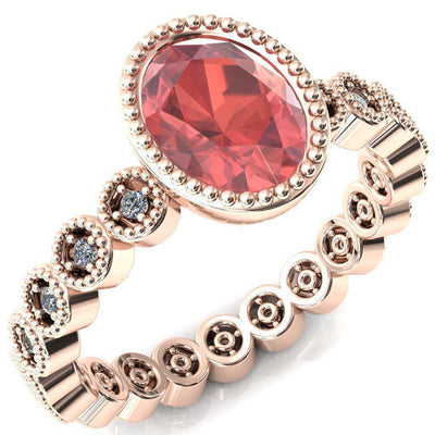 Borea Oval Padparadscha Sapphire Full Bezel Milgrain Diamond Accent Full Eternity Ring-Custom-Made Jewelry-Fire & Brilliance ®