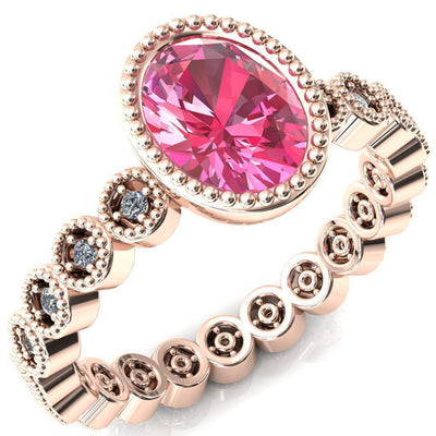Borea Oval Pink Sapphire Milgrain Bezel Full Eternity Diamond Accent Ring-FIRE & BRILLIANCE