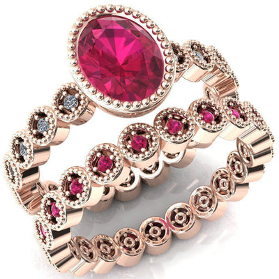 Borea Oval Ruby Full Bezel Milgrain Diamond Accent Full Eternity Ring-Custom-Made Jewelry-Fire & Brilliance ®
