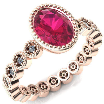 Borea Oval Ruby Milgrain Bezel Full Eternity Diamond Accent Ring-FIRE & BRILLIANCE