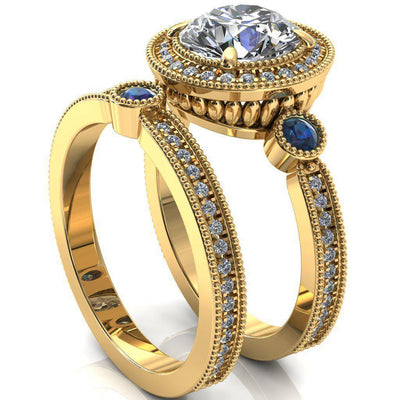 Brachium Round Alexandrite Bezel Milgrain Halo 3/4 Eternity Accent Diamond Ring-Custom-Made Jewelry-Fire & Brilliance ®