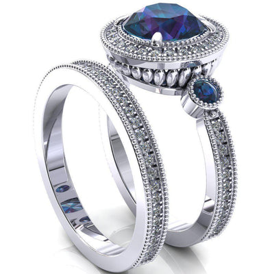 Brachium Round Alexandrite Bezel Milgrain Halo 3/4 Eternity Accent Diamond Ring-Custom-Made Jewelry-Fire & Brilliance ®