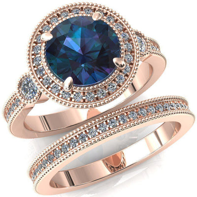 Brachium Round Alexandrite Milgrain Halo 3/4 Eternity Accent Diamond Ring-Custom-Made Jewelry-Fire & Brilliance ®