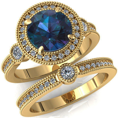 Brachium Round Alexandrite Milgrain Halo 3/4 Eternity Accent Diamond Ring-Custom-Made Jewelry-Fire & Brilliance ®