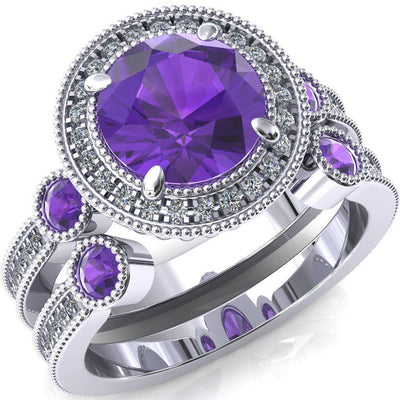 Brachium Round Amethyst Bezel Milgrain Halo 3/4 Eternity Accent Diamond Ring-Custom-Made Jewelry-Fire & Brilliance ®