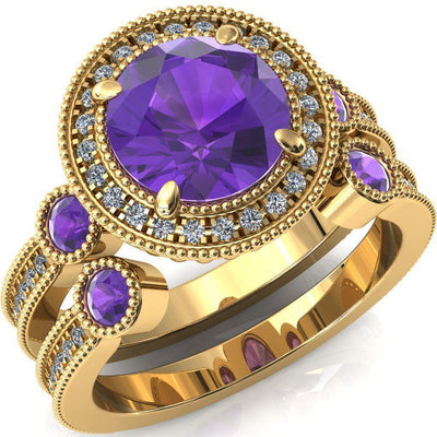 Brachium Round Amethyst Bezel Milgrain Halo 3/4 Eternity Accent Diamond Ring-Custom-Made Jewelry-Fire & Brilliance ®