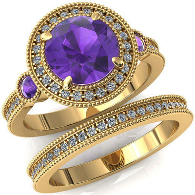 Brachium Round Amethyst Bezel Milgrain Halo 3/4 Eternity Accent Diamond Ring-Custom-Made Jewelry-Fire & Brilliance ®